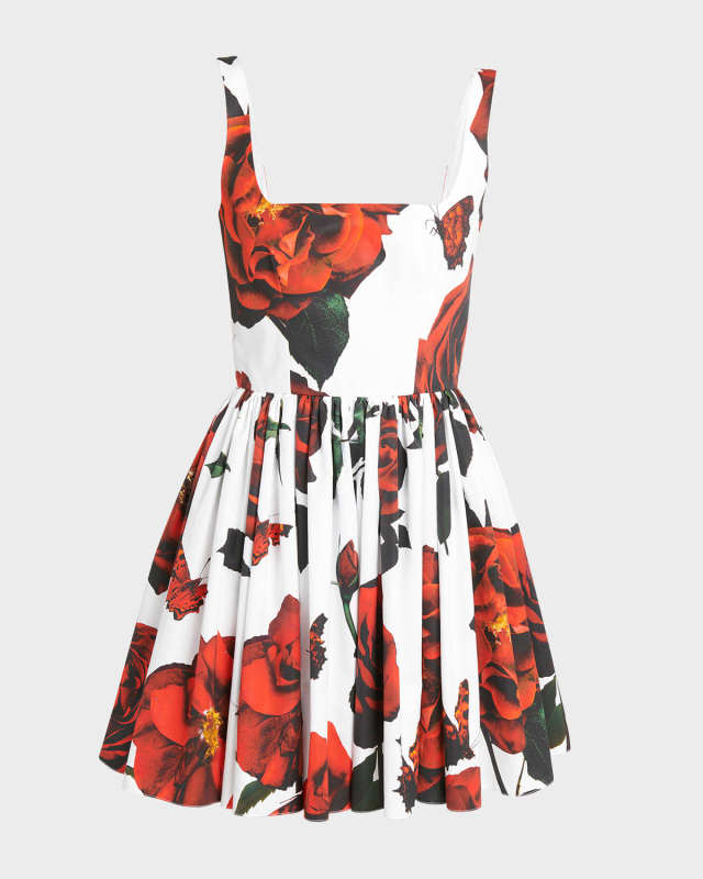 Poplin Rose Print Flared Mini Dress